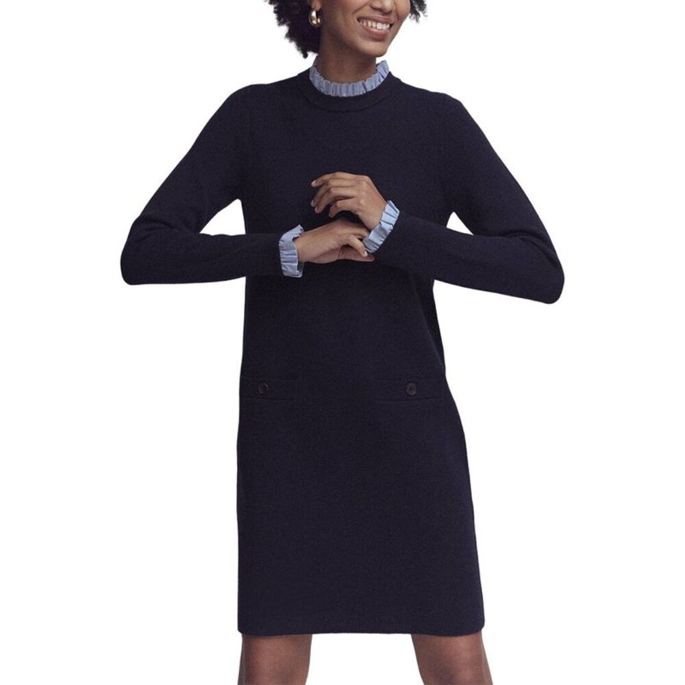 Boden Womens Woven Trim Knit Wool-Blend Dress, Navy